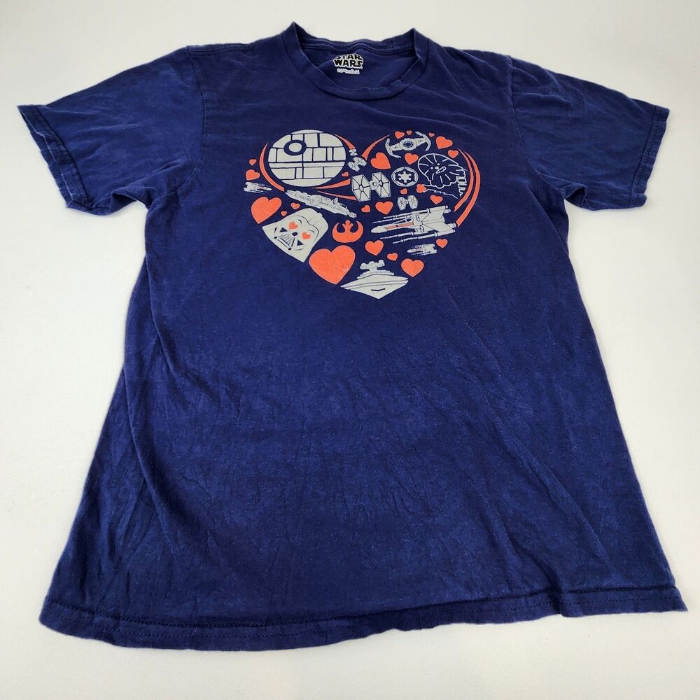 Star Wars Love Heart T Shirt Adult Small Darth Vader Death Star Ships Blue